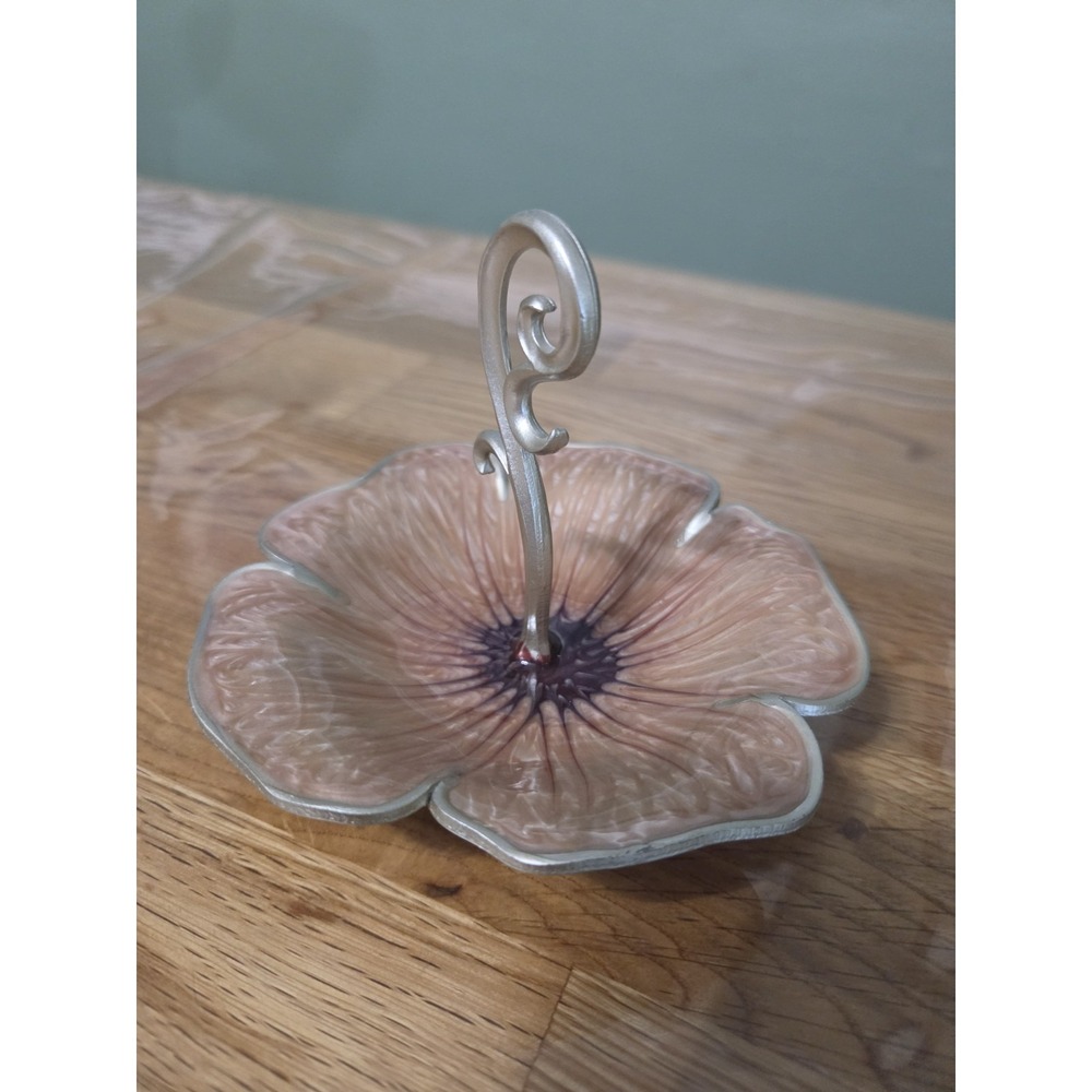Cynthia Rowley NY Enamel Flower Floral Ring Holder Trinket Dish Peach Silver